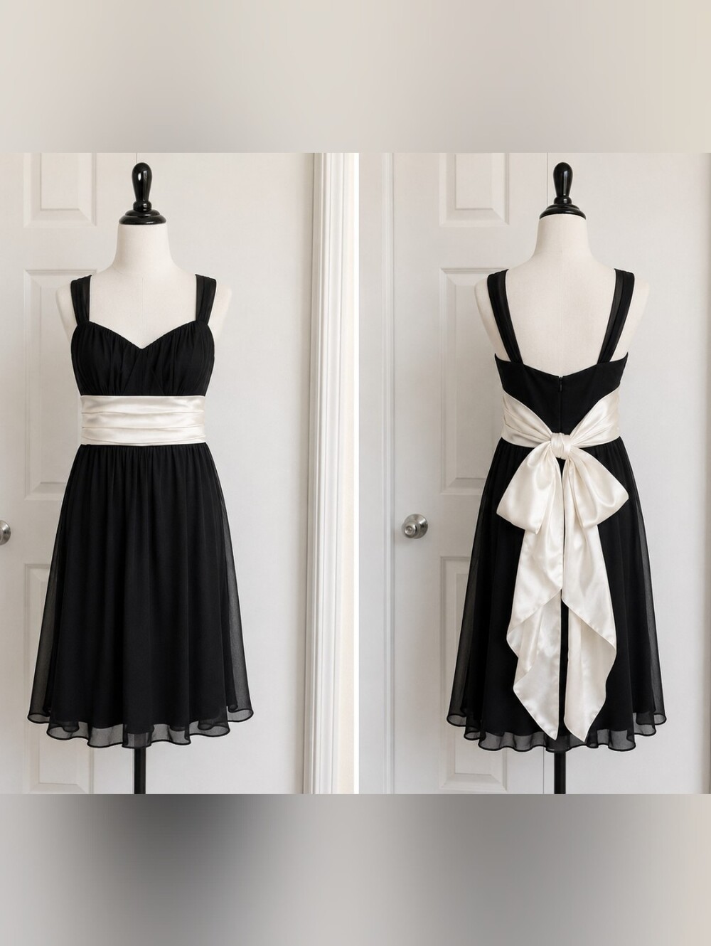 Vintage Trixxi Black and White Satin Sash Flowy Cocktail Dress